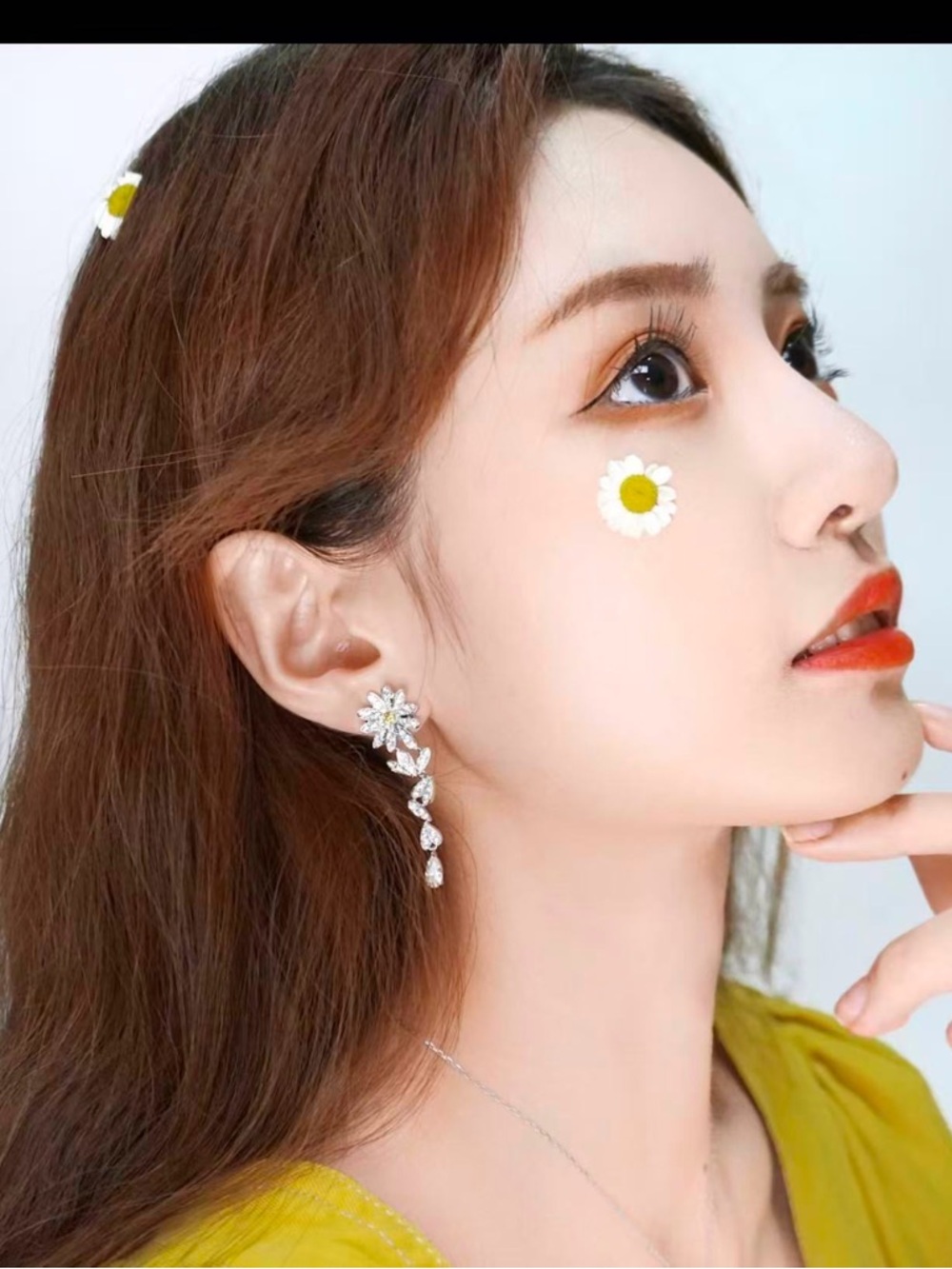 Swarovski Silver Floral Mixed Metal Yellow flower Cascade Crystal Earrings